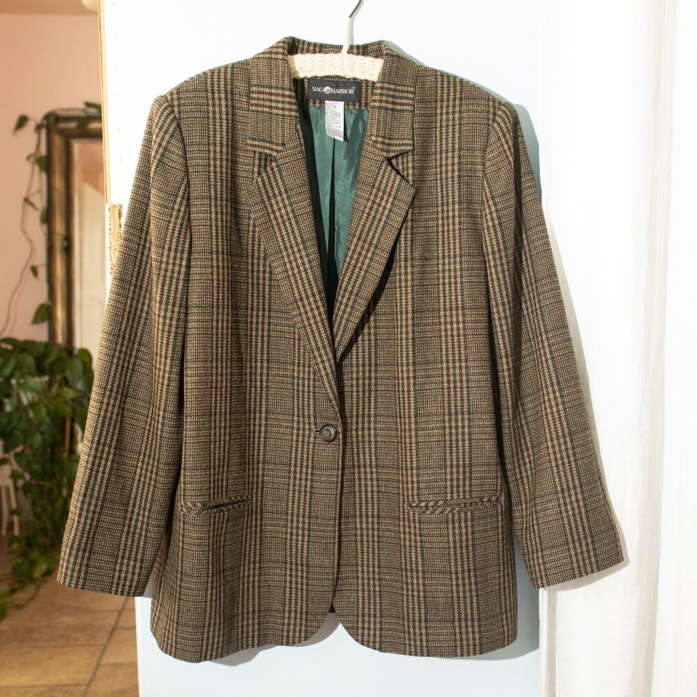 Vintage Brown and Green Plaid Wool Blazer